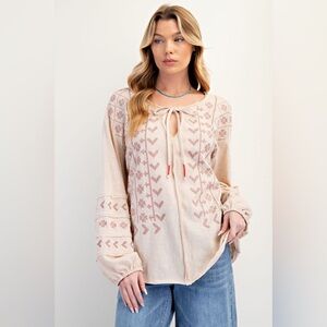 easel Blush Pink Boho Tie-Neck Embroidered Blouse